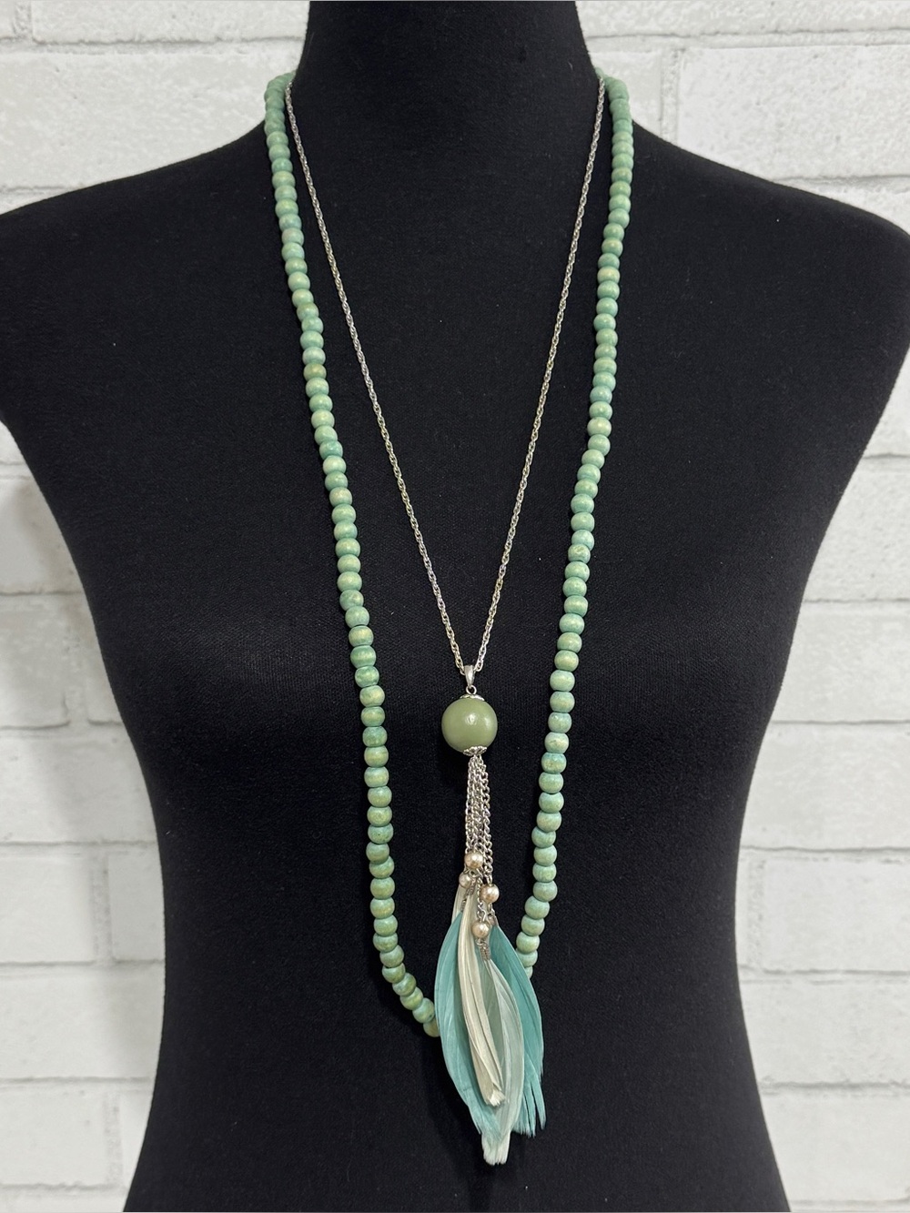 2pc Set Boho Blue Green Wood Bead & Feather Silver Tone Pendant Long Necklaces